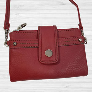 NWOT SMALL Red Wallet Clutch Crossbody Purse - Tan Interior - Silvertone Accents